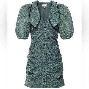 GANNI - Size 6 Jacquard Organza Mini Dress in Myrtle Green